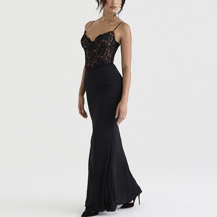 Ethereal Lace Gown: Deep V-Neck High-Waist Fishtail Evening Dress