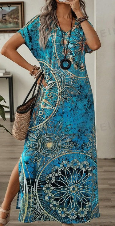 Vintage Floral Maxi Dress – Women’s V-Neck Batwing Sleeve Long Summer Dress