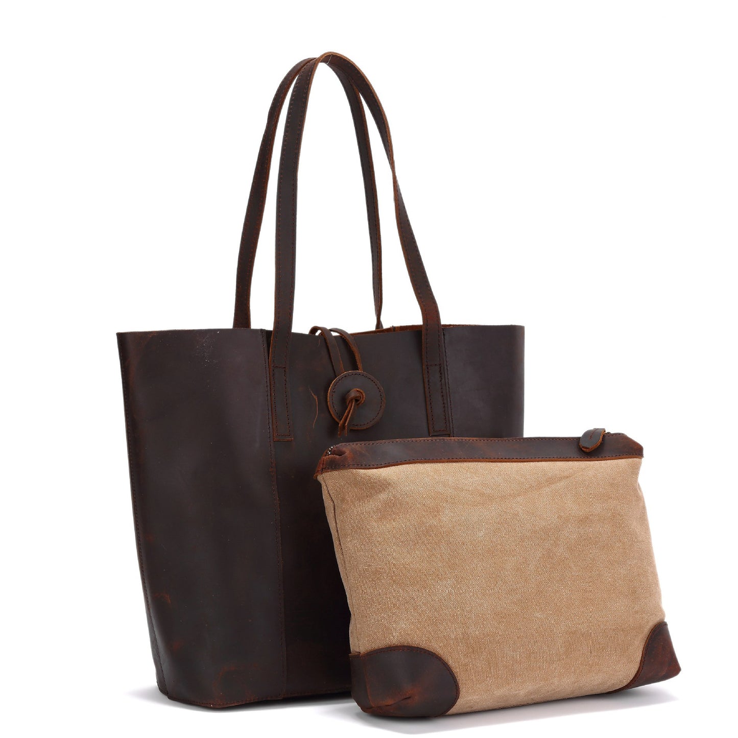 Retro Elegance Tote: Genuine Crazy Horse Leather Shopper & Clutch Set