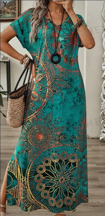 Vintage Floral Maxi Dress – Women’s V-Neck Batwing Sleeve Long Summer Dress