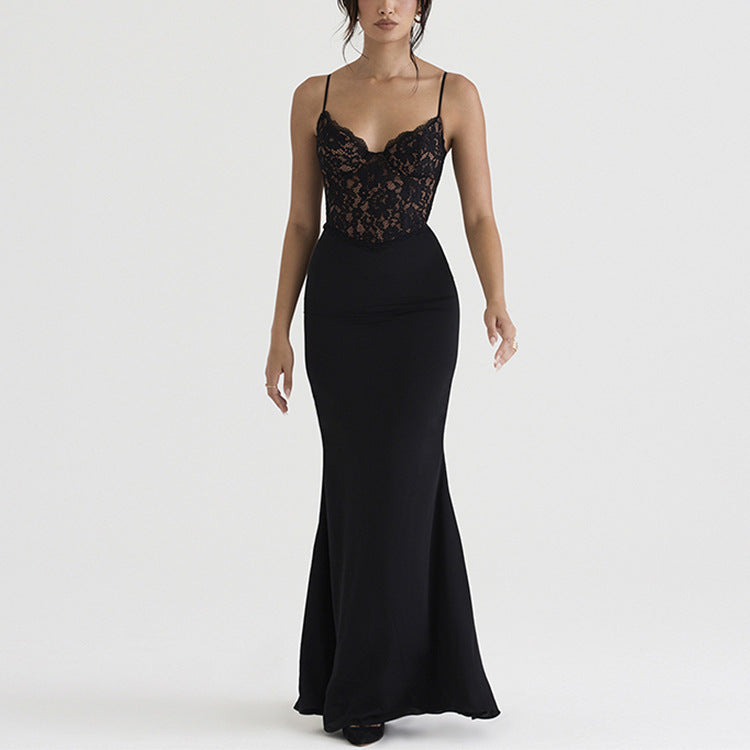 Ethereal Lace Gown: Deep V-Neck High-Waist Fishtail Evening Dress